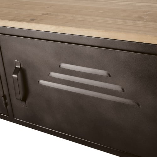 Möbel TV-Möbel | TV-Möbel mit 3 Schiebetüren auf Rollen, graues Metall und massive Tanne - CQ26489