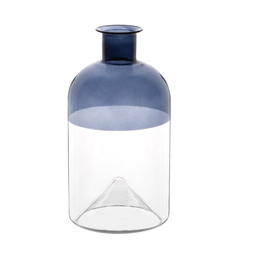 Tweekleurige blauwe en transparante glazen vaas H18