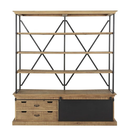 Two-tone industrial TV stand with 1 sliding door and 2 drawers