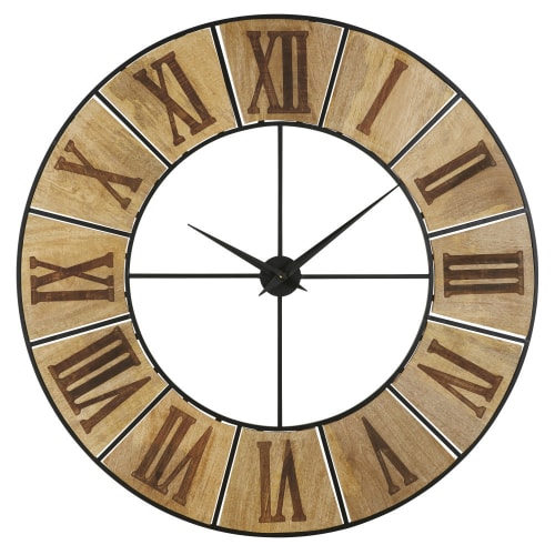 Dekoration Uhren und Wecker | Uhr aus graviertem Mangoholz und schwarzem Metall, D140cm - IV96912