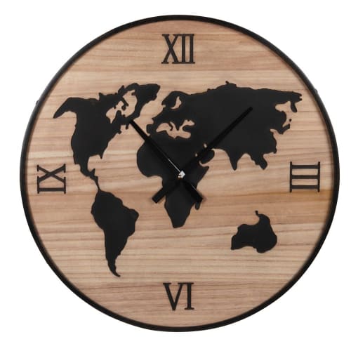 Dekoration Uhren und Wecker | Uhr Weltkarte, beige und schwarz, D60cm - AE76924