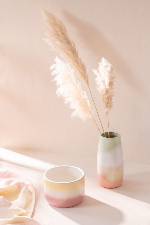Dekoration Blumentöpfe | Vase aus gelbem, rosa und weißem Steingut, H15cm - MG96184