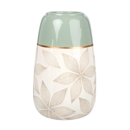 Vase aus Keramik, ecru und mandelgrün mit eingraviertem Blumenmuster H22