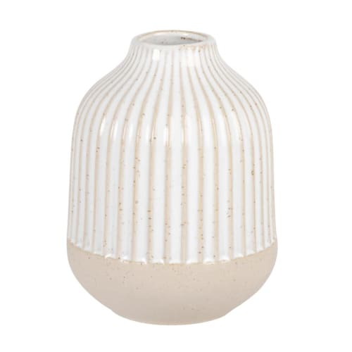 Dekoration Vasen | Vase aus weißem Steingut, beige geriffelt, H12cm - QB52792