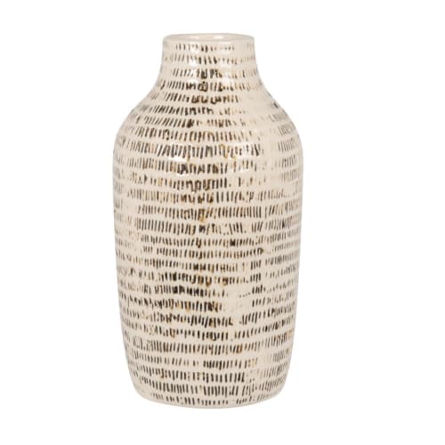 Dekoration Vasen | Vase aus weißem Steingut, schwarz geriffelt, H27cm - LT93245
