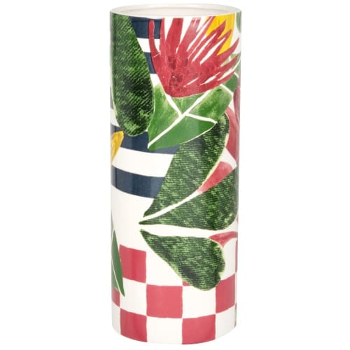 Vase en dolomite motifs imprimés vert, blanc et rouge brique H28
