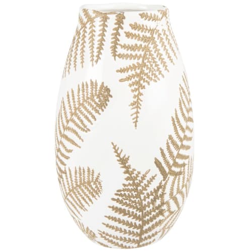 Vase en grès blanc motifs feuilles dorées H24