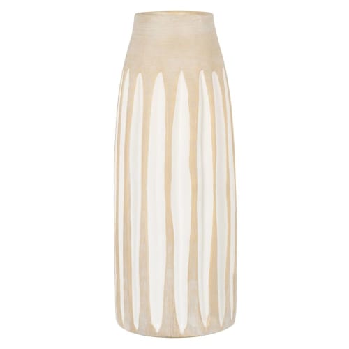 Vaso in gres beige e linee verticali bianche alt. 33 cm