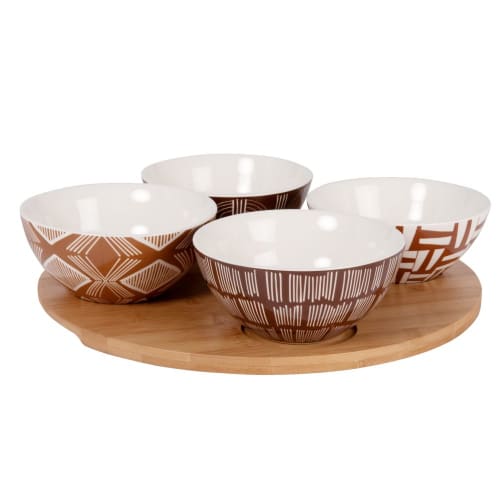 vassoio da aperitivo in bambu con 4 scodelle in gres multicolore stampato maisons du monde