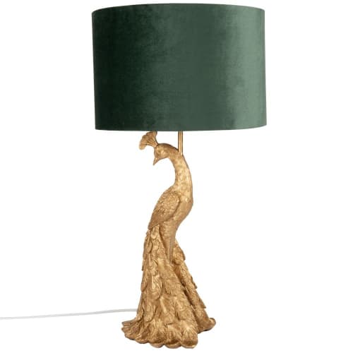 Vergulde lamp met pauw en groene fluwelen lampenkap
