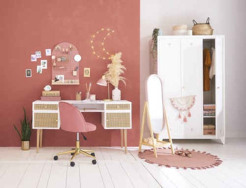 Vintage bureaustoel met wieltjes roze velours Mauricette Maisons Monde