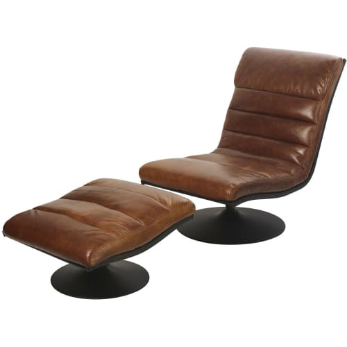 VintageSessel und Fußablage mit Lederbezug, braun Lounge Maisons du