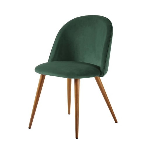 Vintage stoel uit groen fluweel en metaal met eikenhouteffect