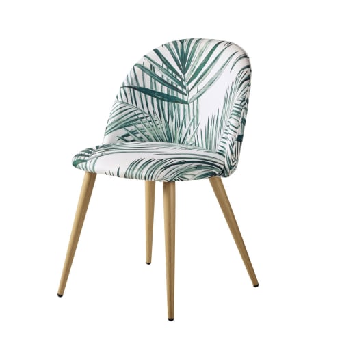 Vintage stoel uit metaal met eikenhouteffect en groene tropische print