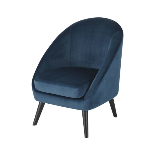 Sofas und sessel Sessel | Vintage-Stuhl aus massiver Kautschukholz mit nachtblauem Samtbezug - ZH56688