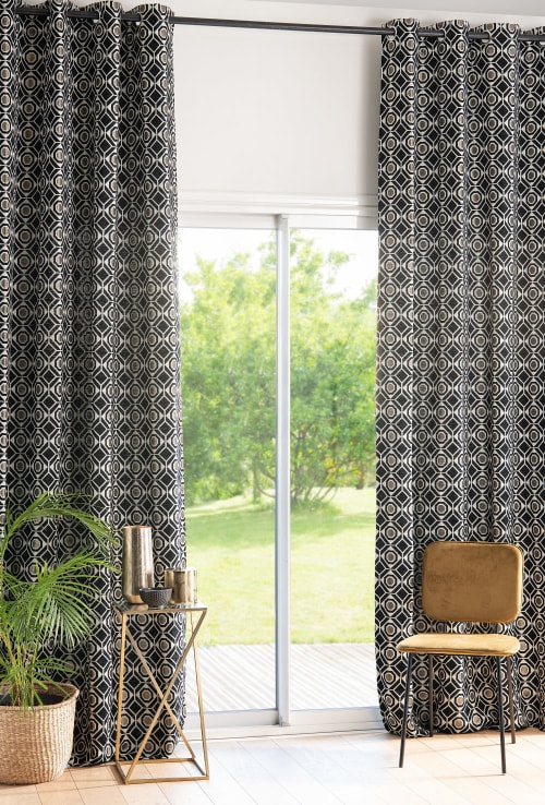 Textil Gardinen und Vorhänge | Vorhang mit Ösen und grafischen Motiven (x1), schwarz mit goldener Ziernaht, 140x300cm - XW37883