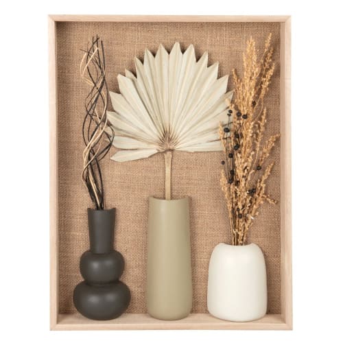 Wall decor vases, dried flowers and cane brown, green, beige and black 35x45