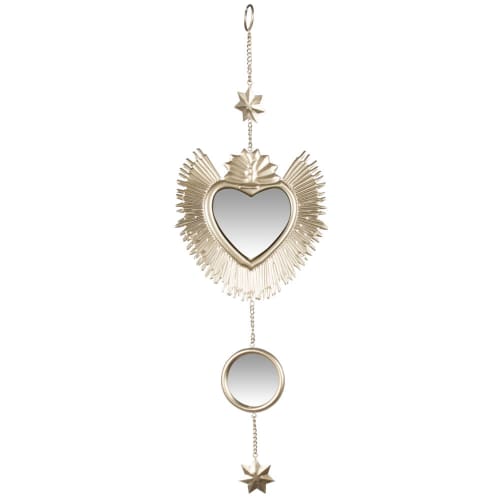 Wall hanging decoration heart in gold metal and mirror 11x16