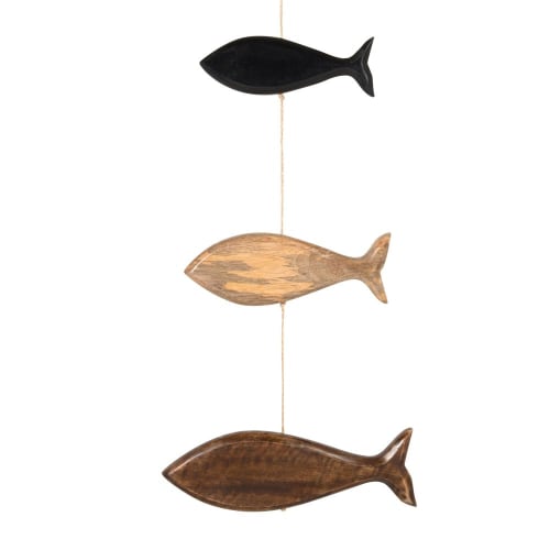 Dekoration Schilder und Buchstaben | Wanddeko Fische aus geschnitztem Mangoholz, braun, beige und schwarz, 25x60cm - RR78675
