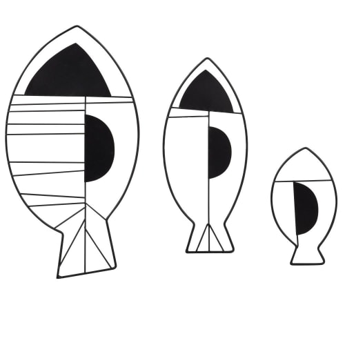 Dekoration Schilder und Buchstaben | Wanddeko Fische aus schwarzem Metall, Set aus 3, 32x17cm - JN53150