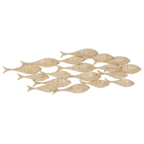 Dekoration Schilder und Buchstaben | Wanddeko Fischschwarm aus beigefarbenem geflochtenem Raffiabast, 99x34cm - UF49688