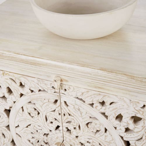 Waschtisch aus geschnitztem massivem Mangoholz, weiß in gealterter