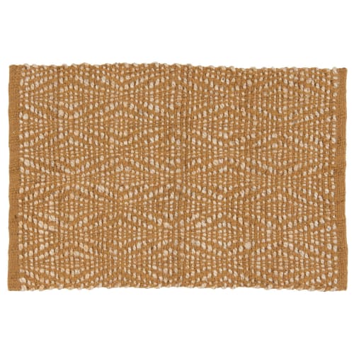 Textil Teppiche | Webteppich handgemacht aus Jute und Baumwolle mit grafischen Motiven, gelb und weiß, 60x90cm - RR20160