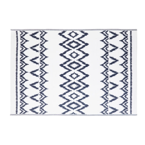 Weisser Outdoor Teppich Mit Blauen Grafischen Motiven 180x270