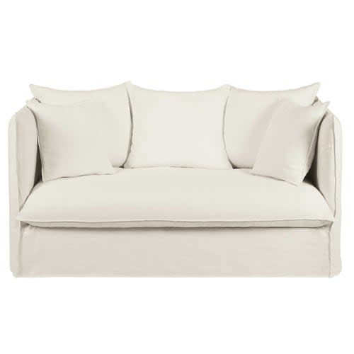 White 2 Seater Washed Linen Sofa