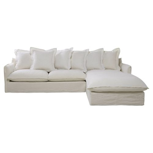 White 6 Seater Washed Linen Right Hand Corner Sofa Bed