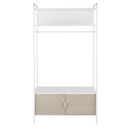 White and beige clothes rack with 2 doors