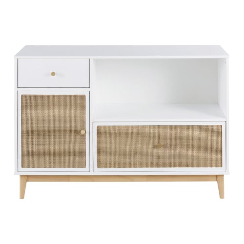 White and rattan canework, changing-table compatible chest of drawers with 1 door and 2 drawers
