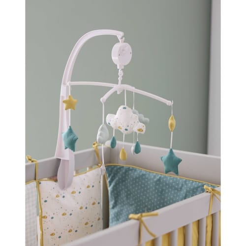 White Blue And Mustard Cotton Musical Mobile For Babies Gaston Maisons Du Monde