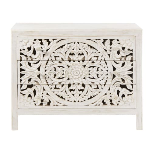 White Carved Solid Mango Wood 3-Drawer Chest