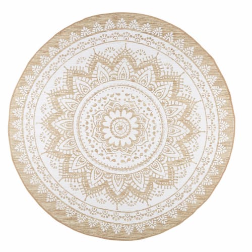 White Cotton and Jute Round Rug D180