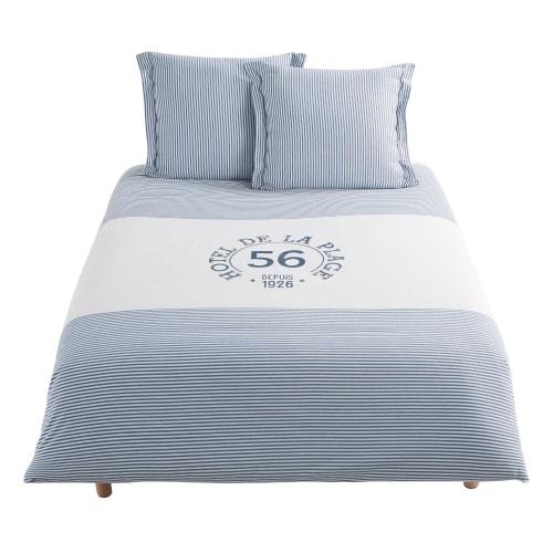 White Cotton Bedding Set With Blue, Blue Stripe Bedding Set