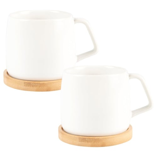 White Earthenware and Bamboo Cup and Saucer - Set of 2