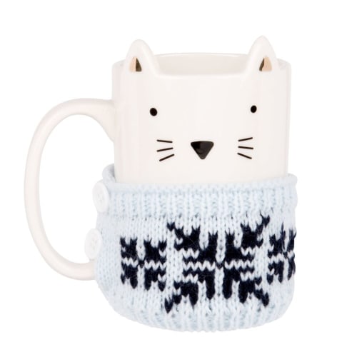 Decor Christmas Tableware | White Earthenware Cat Mug with Blue-Grey Wool Pullover - OB72414