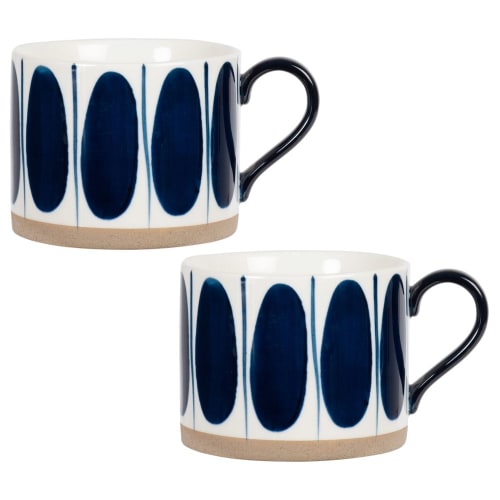 White Earthenware Mug with Blue Oval Print - Set of 2
