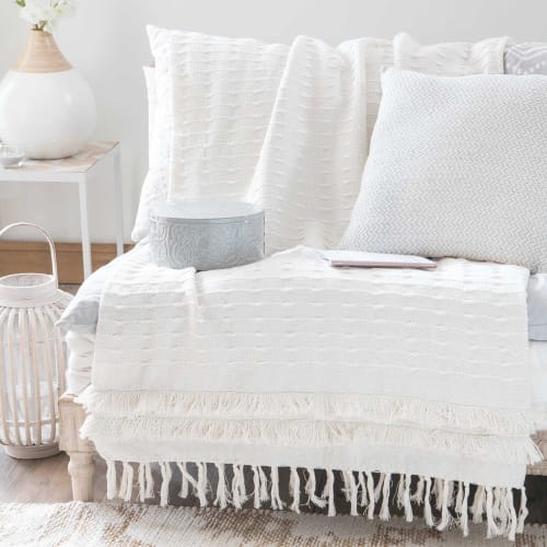 White Fringed Cotton Blanket 160x210 Marissa Maisons du Monde