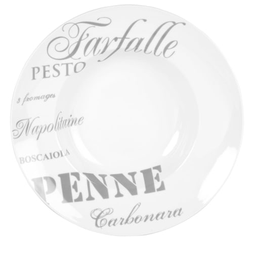 White Porcelain Pasta Bowl with Grey Print - Set of 6