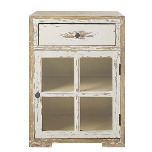 White Solid Pine And Glass 1 Door 1 Drawer Bedside Table Kinfolk Maisons Du Monde