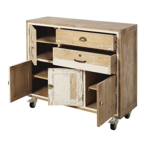 Whitewashed Recycled Pine 4 Door 2 Drawer Storage Cabinet On Wheels Kinfolk Maisons Du Monde