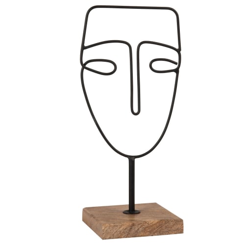 Wire face ornament in black metal and mango wood H26cm