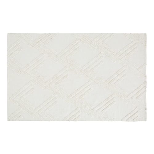 Wit katoenen getuft tapijt met reliëfmotieven 120 x 180 cm
