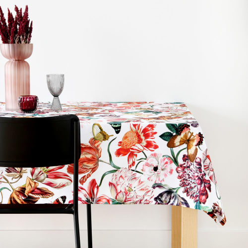 Wit katoenen tafellaken met vlinder- en plantenprint 150 x 250 cm