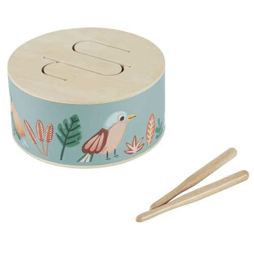 Kids Children's toys | Wooden drum with yellow, green and blue-green animal print - HY94039