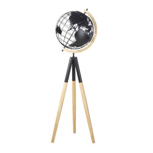 World map tripod globe in rubberwood and black recycled iron