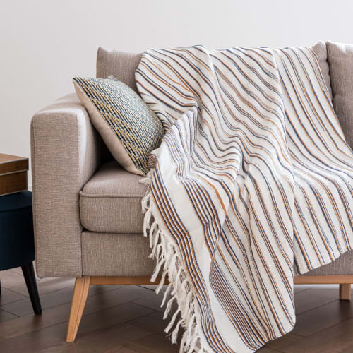 Woven Fringed Cotton Blanket with Stripe Print 180x240 Mothlaba ...