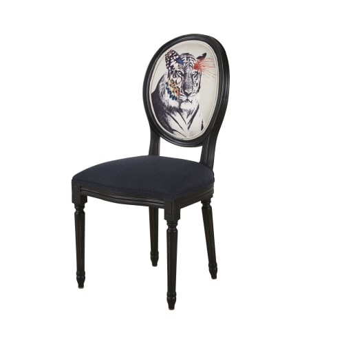 Zwarte berkenhouten stoel met rugleuning in tijgerprint Louis | Maisons du